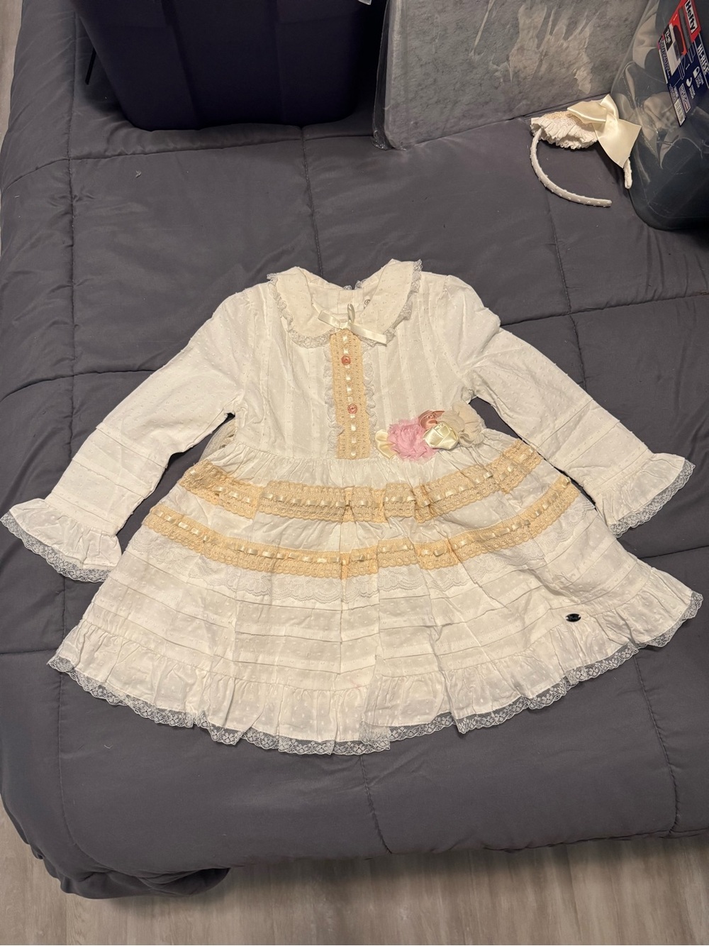 Girl's Dress with Gold Trim and Pink Flower